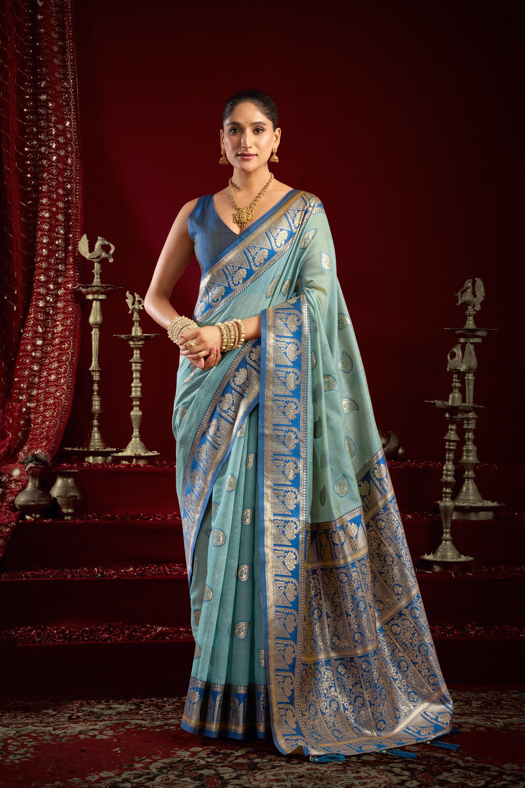 Parinita Saree - Seafoam Teal - Front Drape