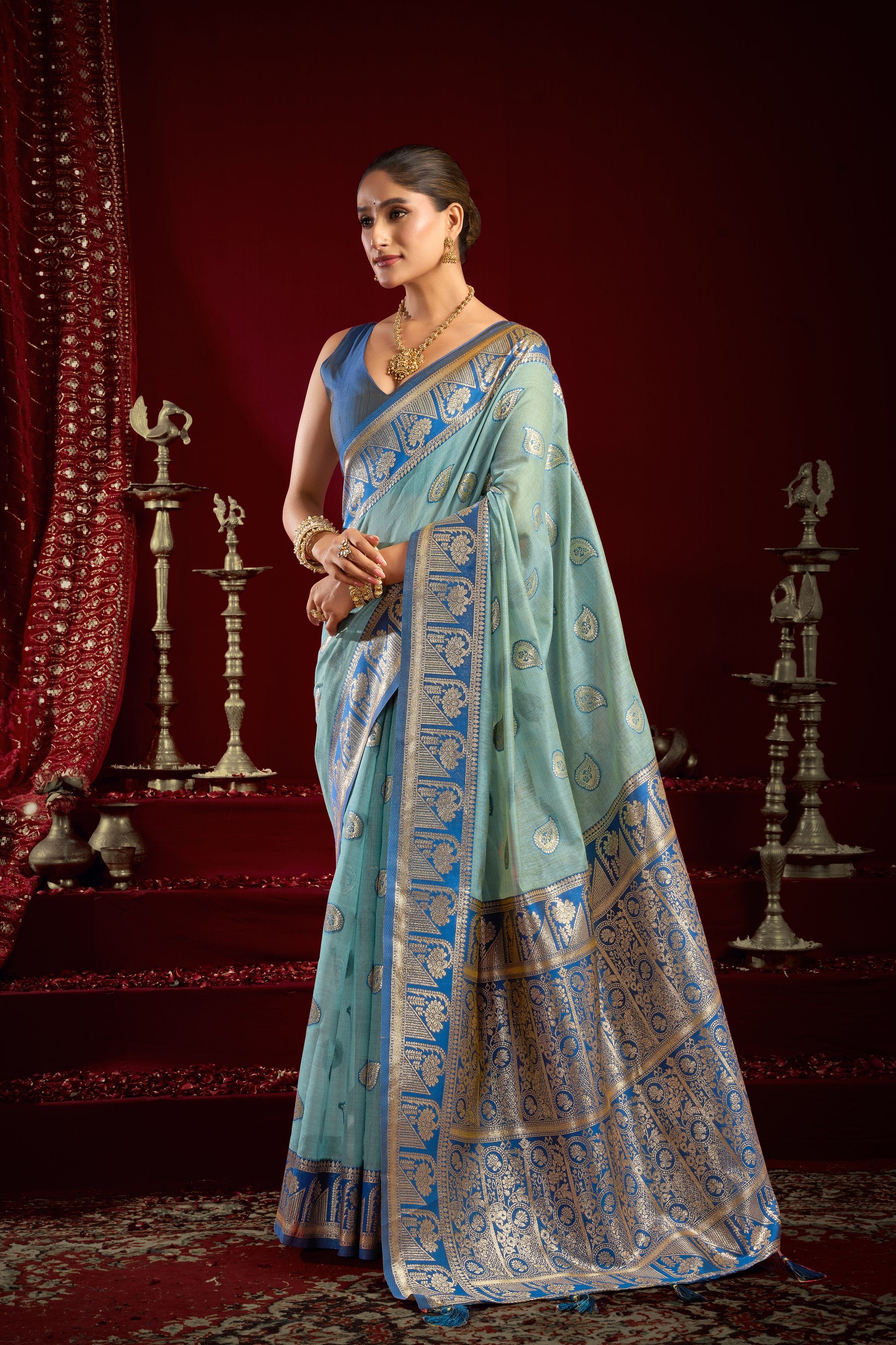Parinita Saree - Seafoam Teal - Full View