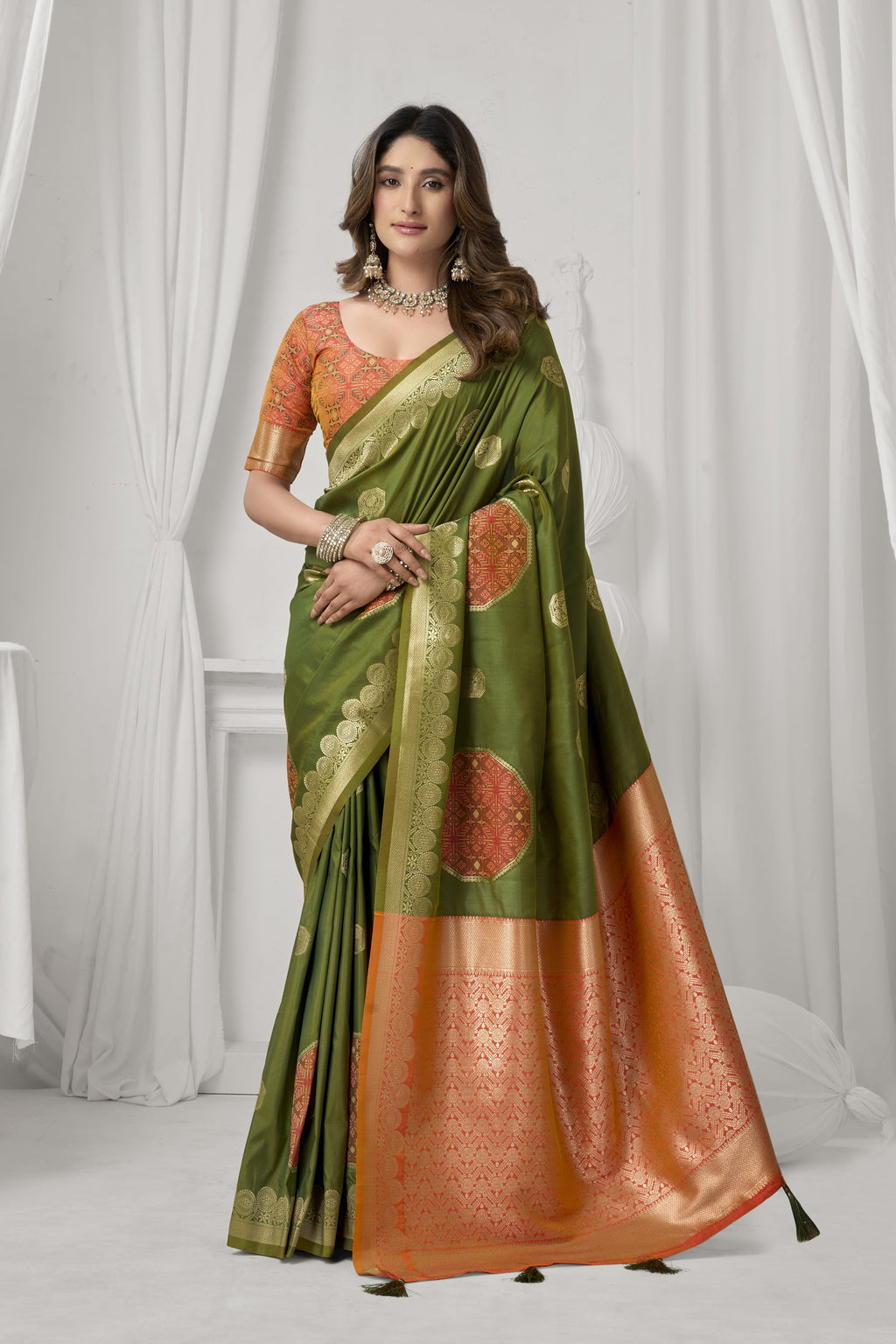 Prerna Saree - Olive Green - Front Drape