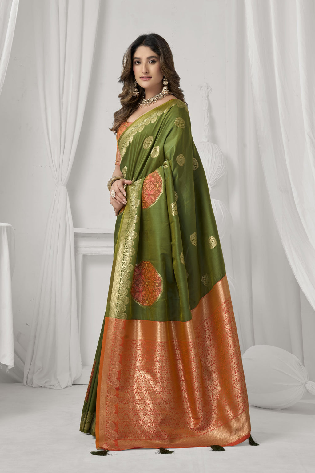 Prerna Saree - Olive Green - Full View