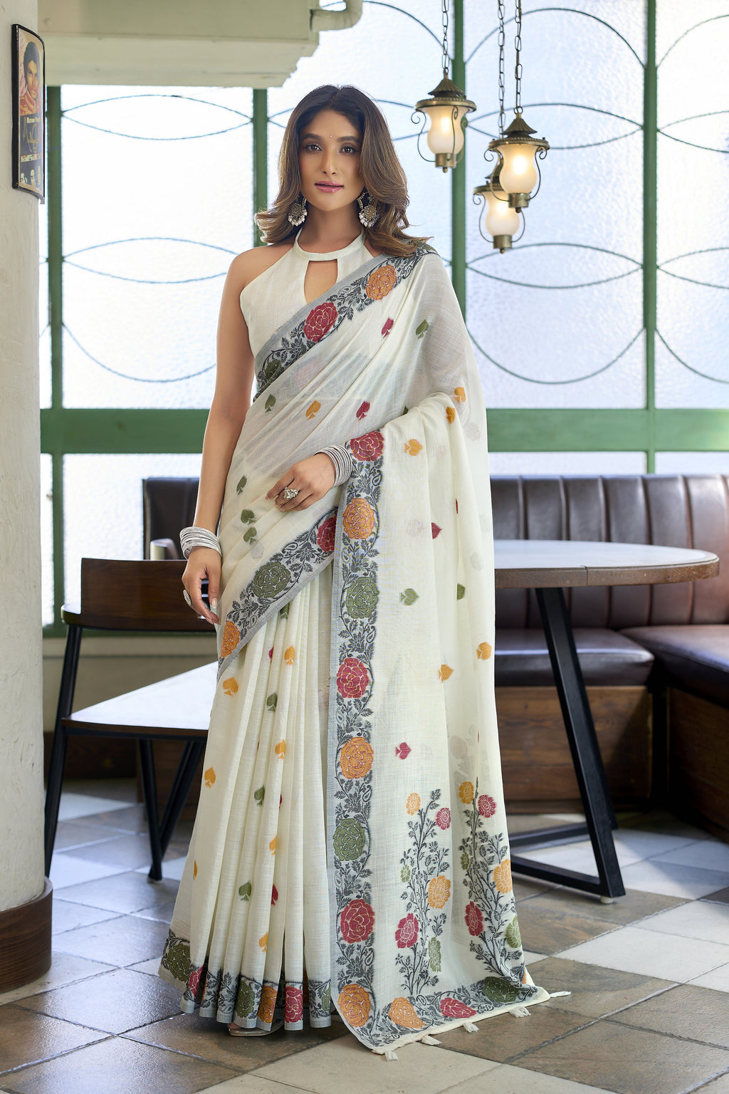 Pushpika Saree - Ivory Pearl - Front Drape
