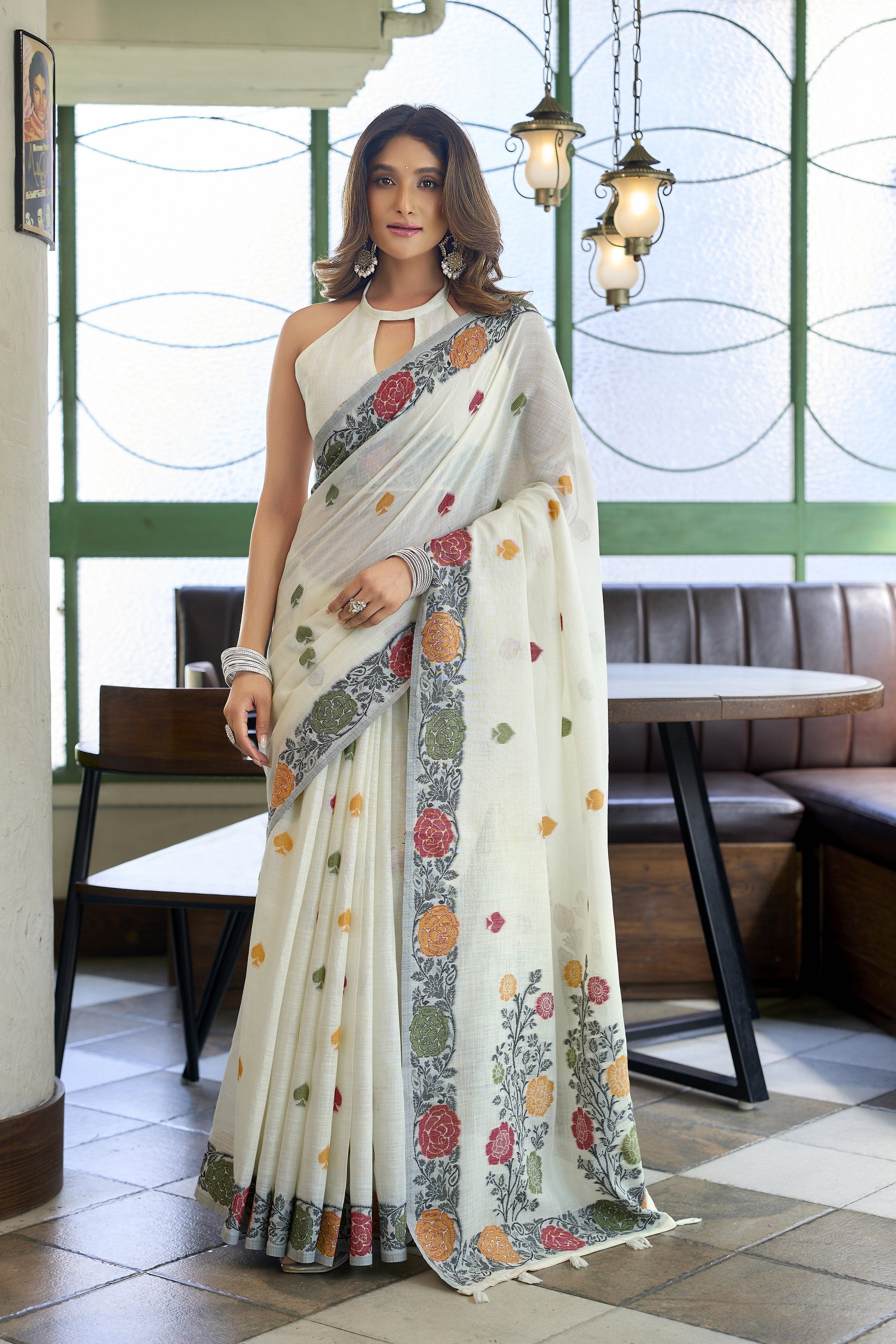 Pushpika Saree - Ivory Pearl - Front Drape