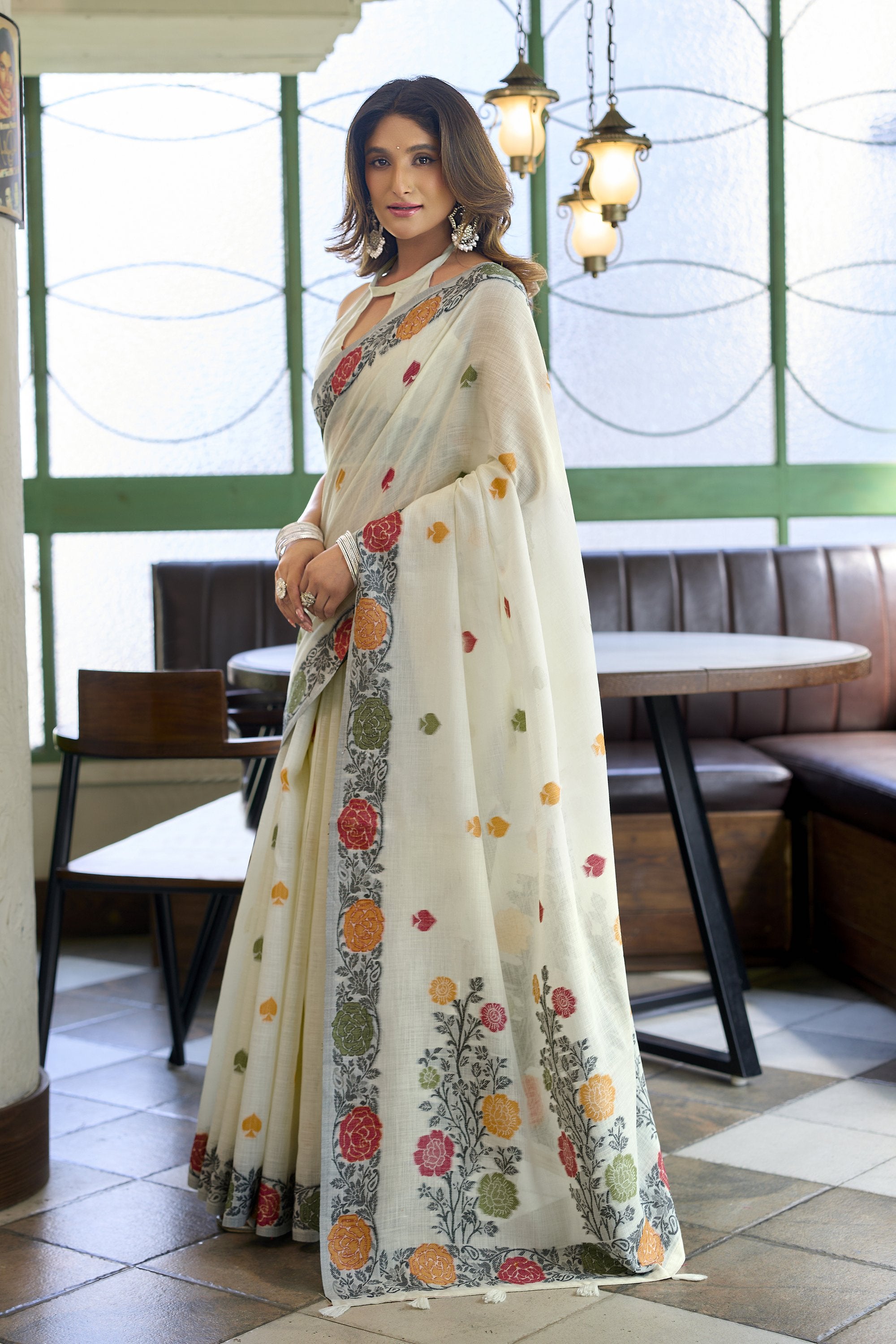 Pushpika Saree - Ivory Pearl - Full View
