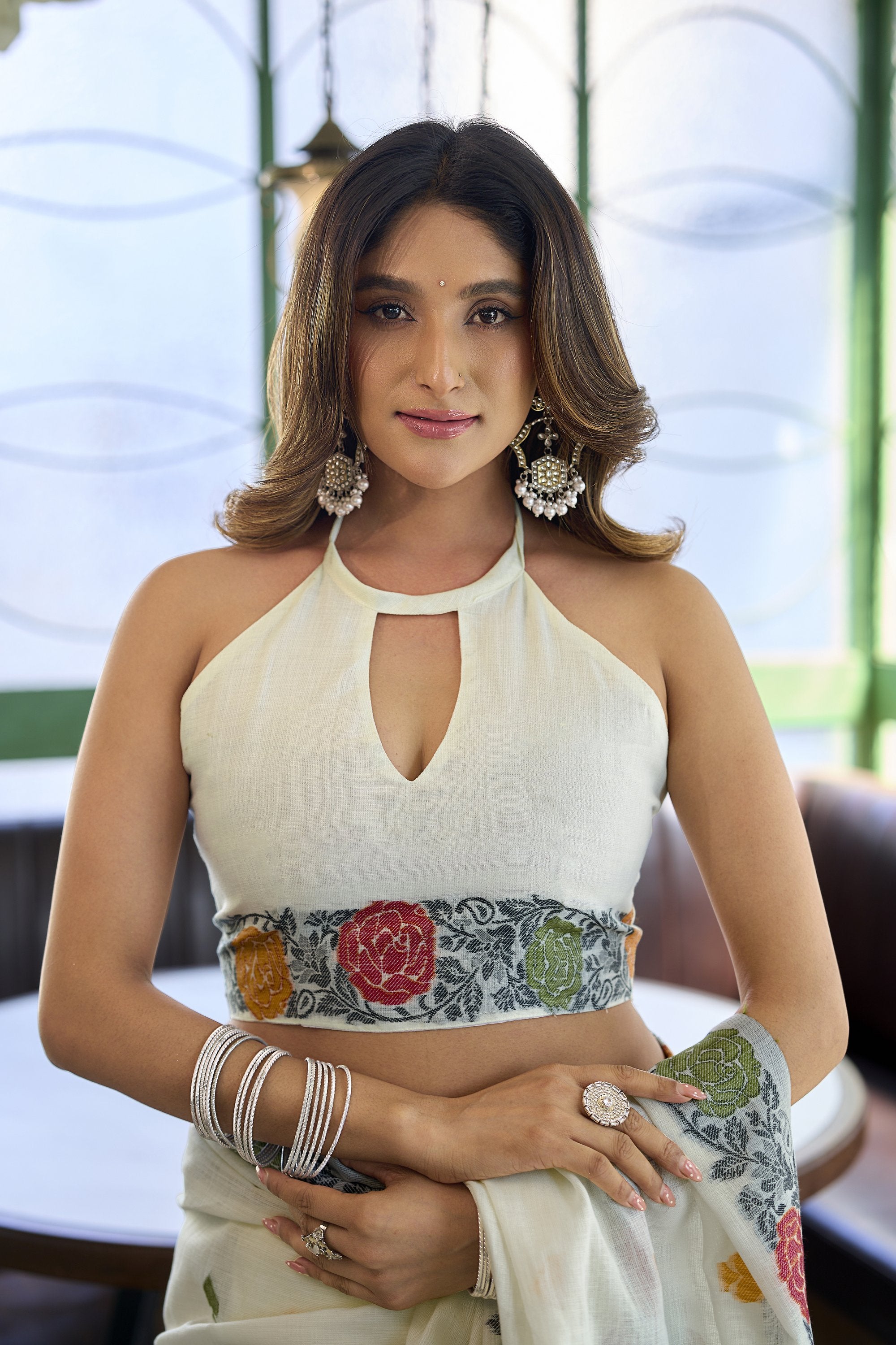 Pushpika Saree - Ivory Pearl - Side View