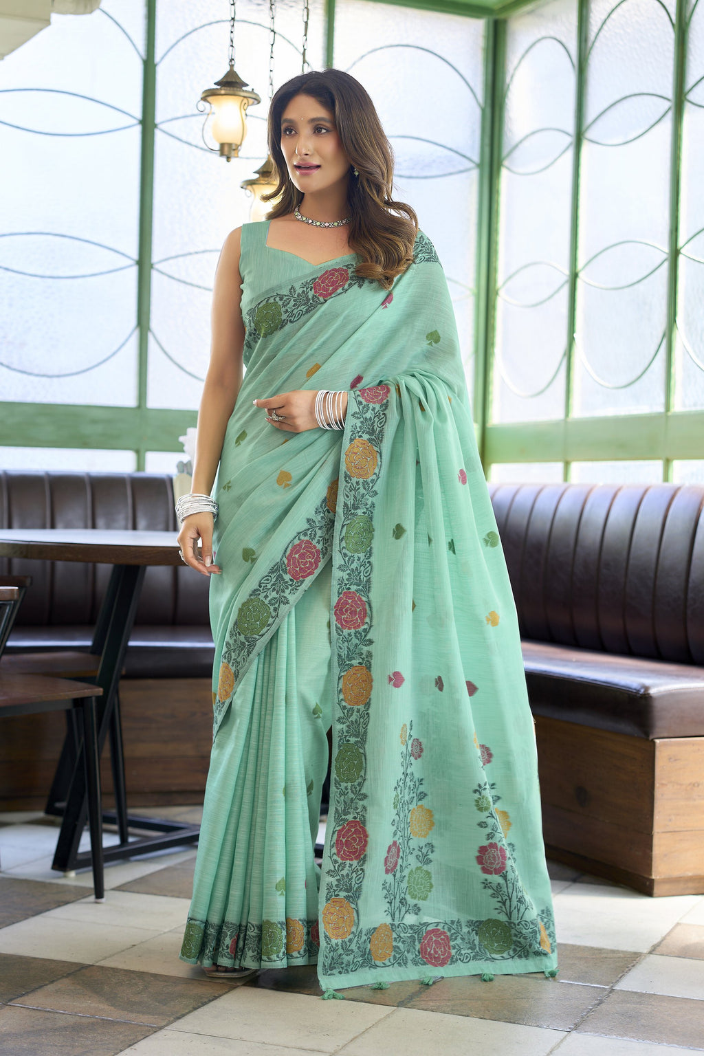 Pushpika Saree - Mint Aqua - Front Drape