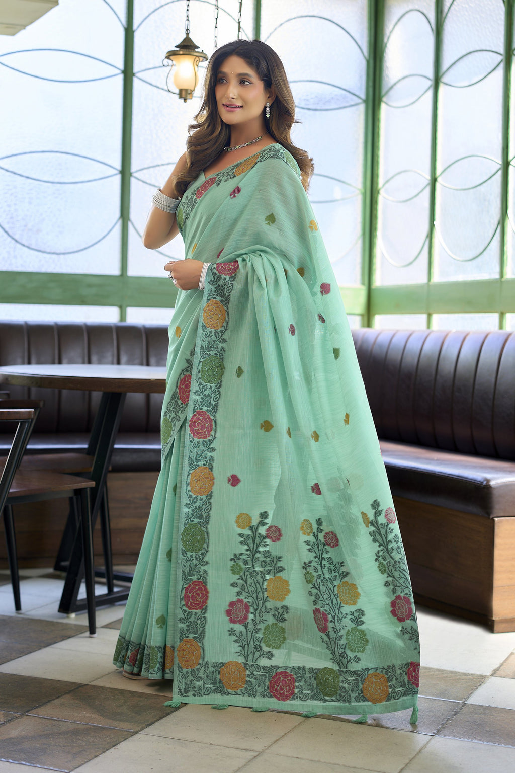Pushpika Saree - Mint Aqua - Full View