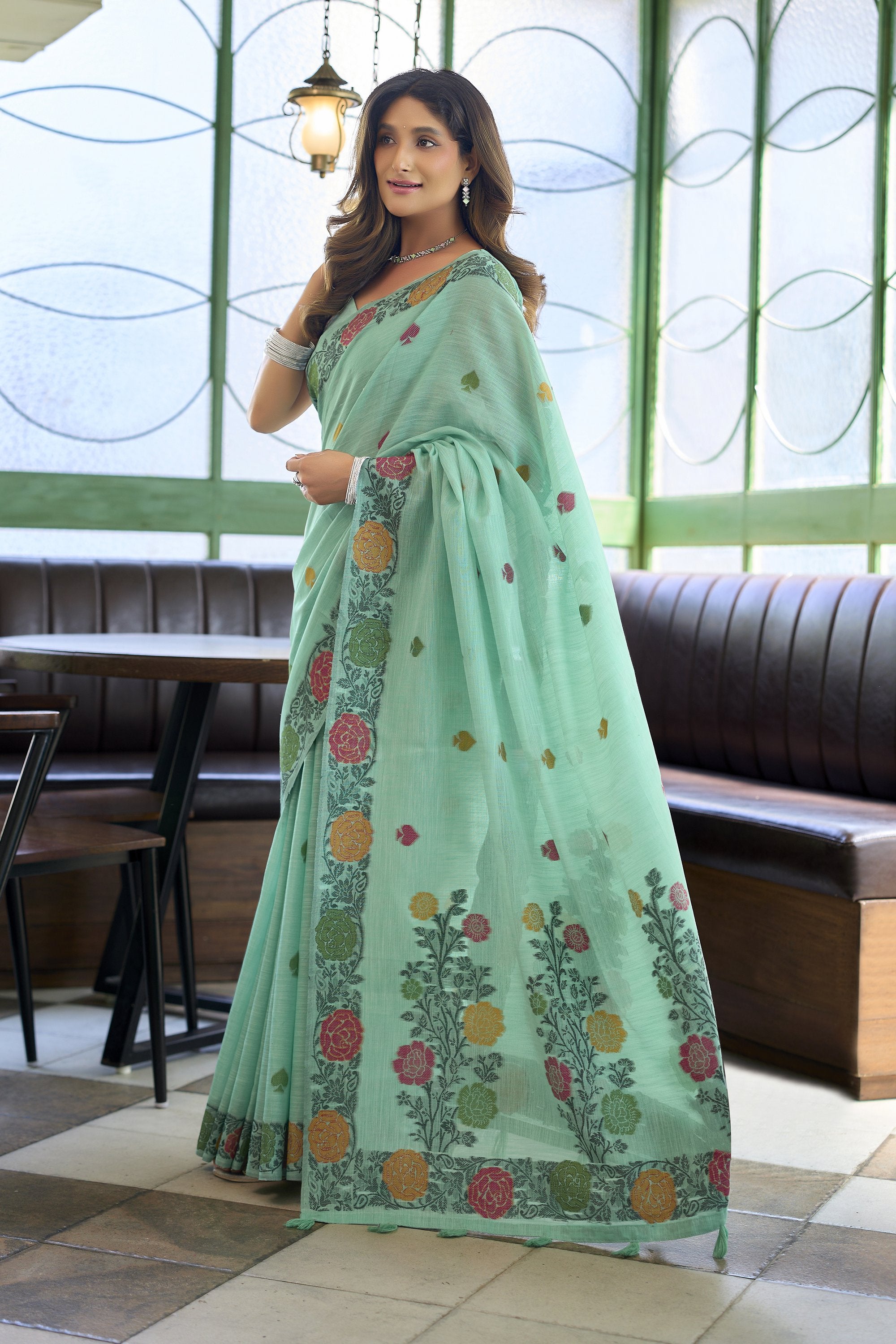 Pushpika Saree - Mint Aqua - Full View