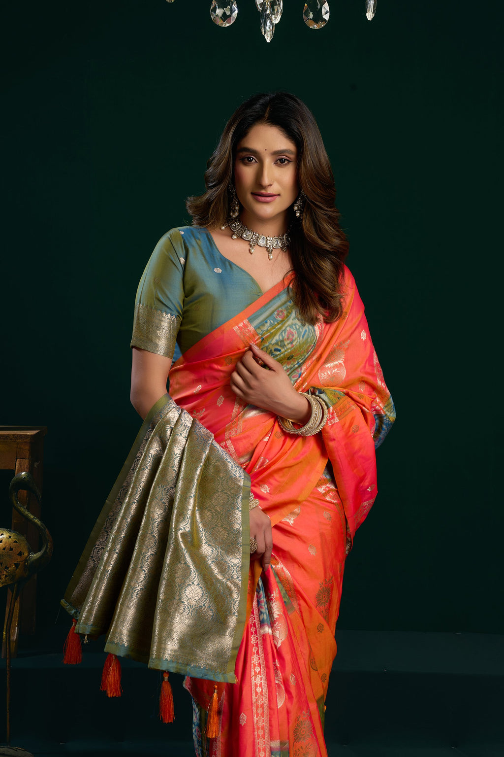 Raagini Saree - Tangerine Orange - Close Up