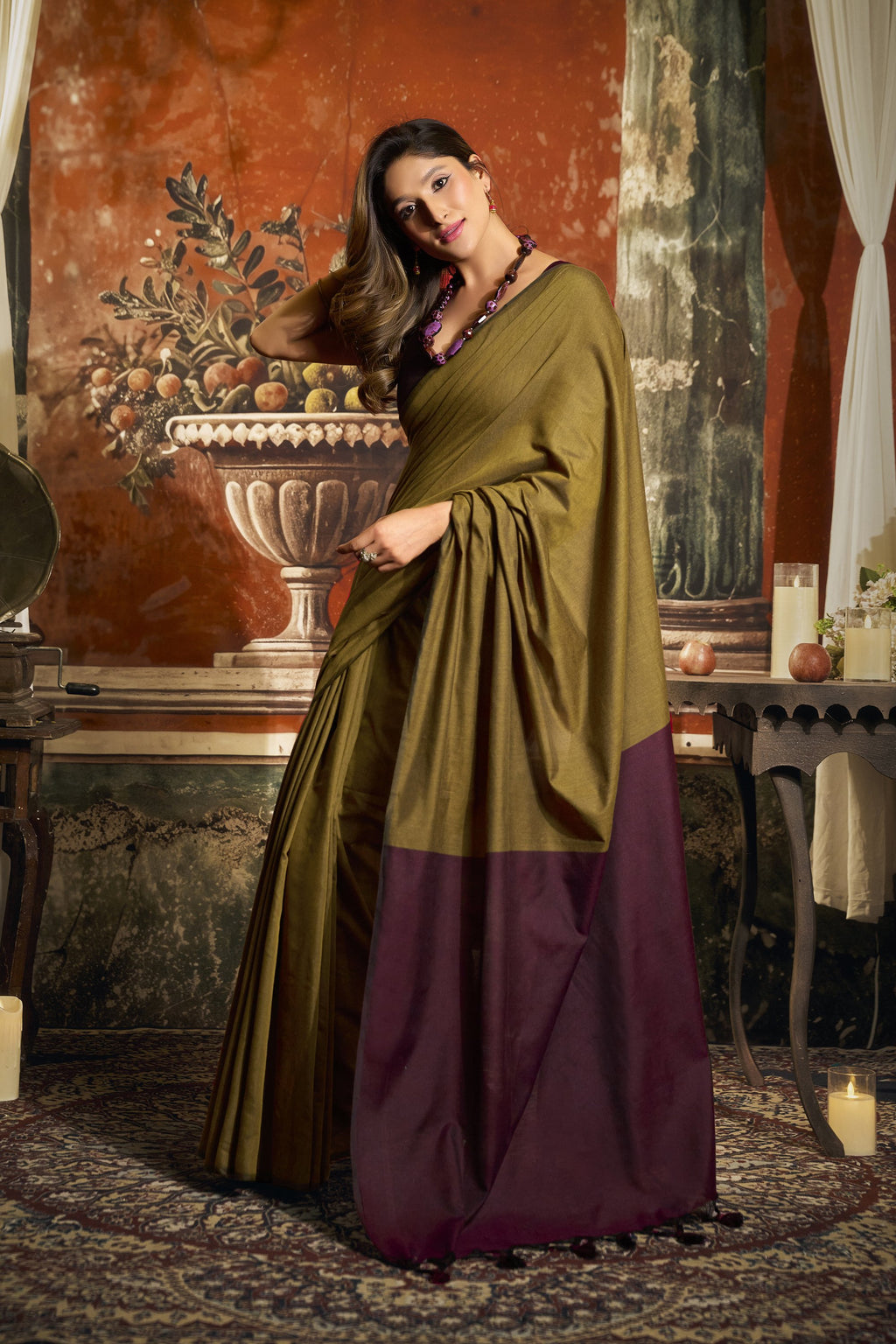Roshni Saree - Olive Bronze - Border Detail
