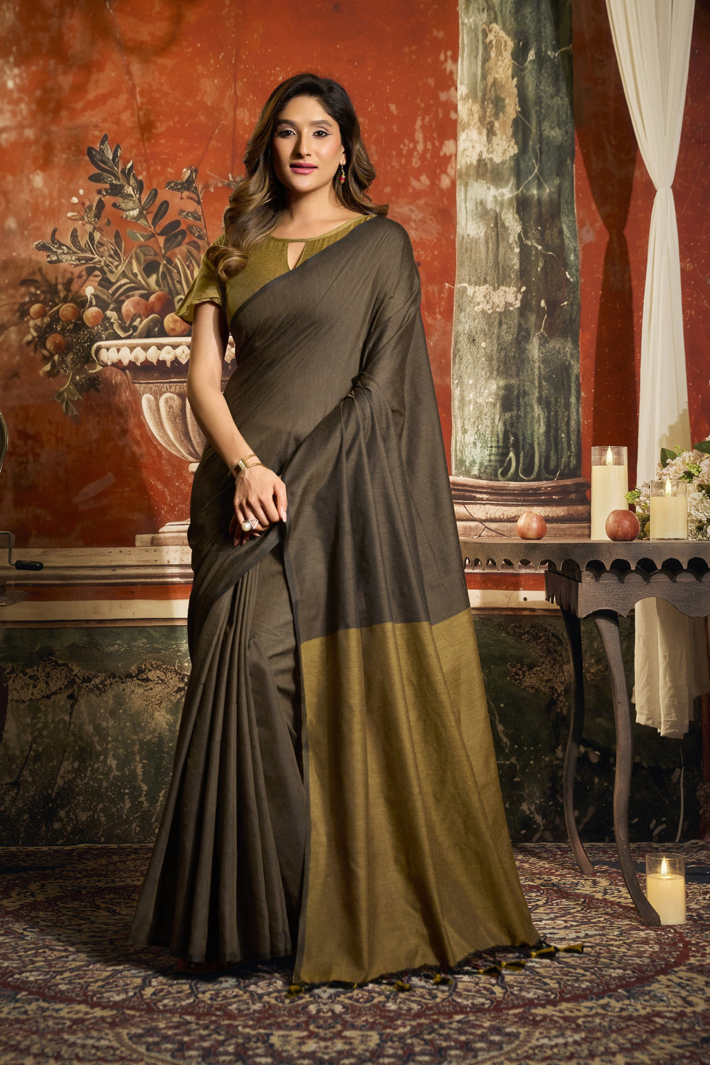 Roshni Saree - Smoky Olive - Front Drape