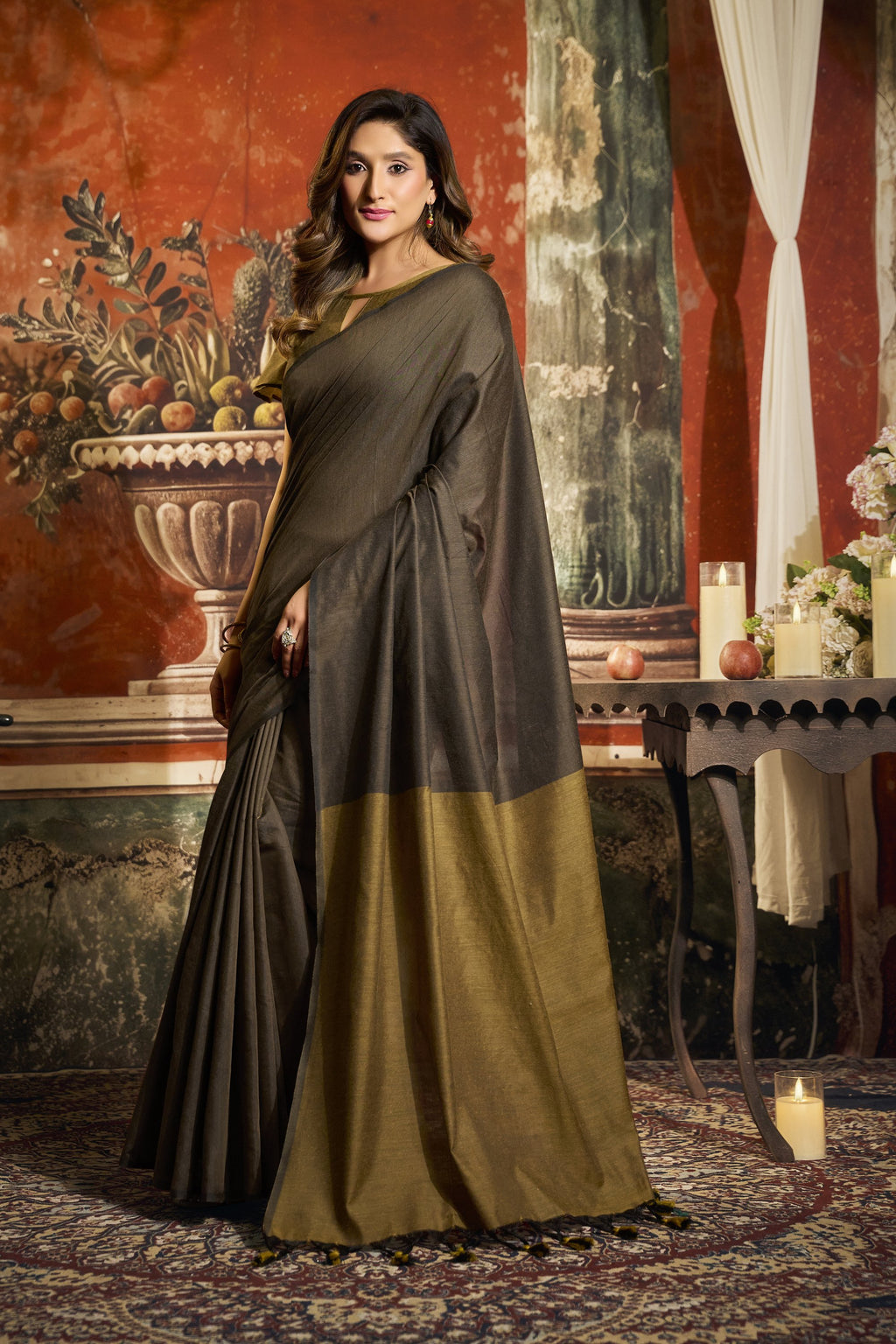 Roshni Saree - Smoky Olive - Full View