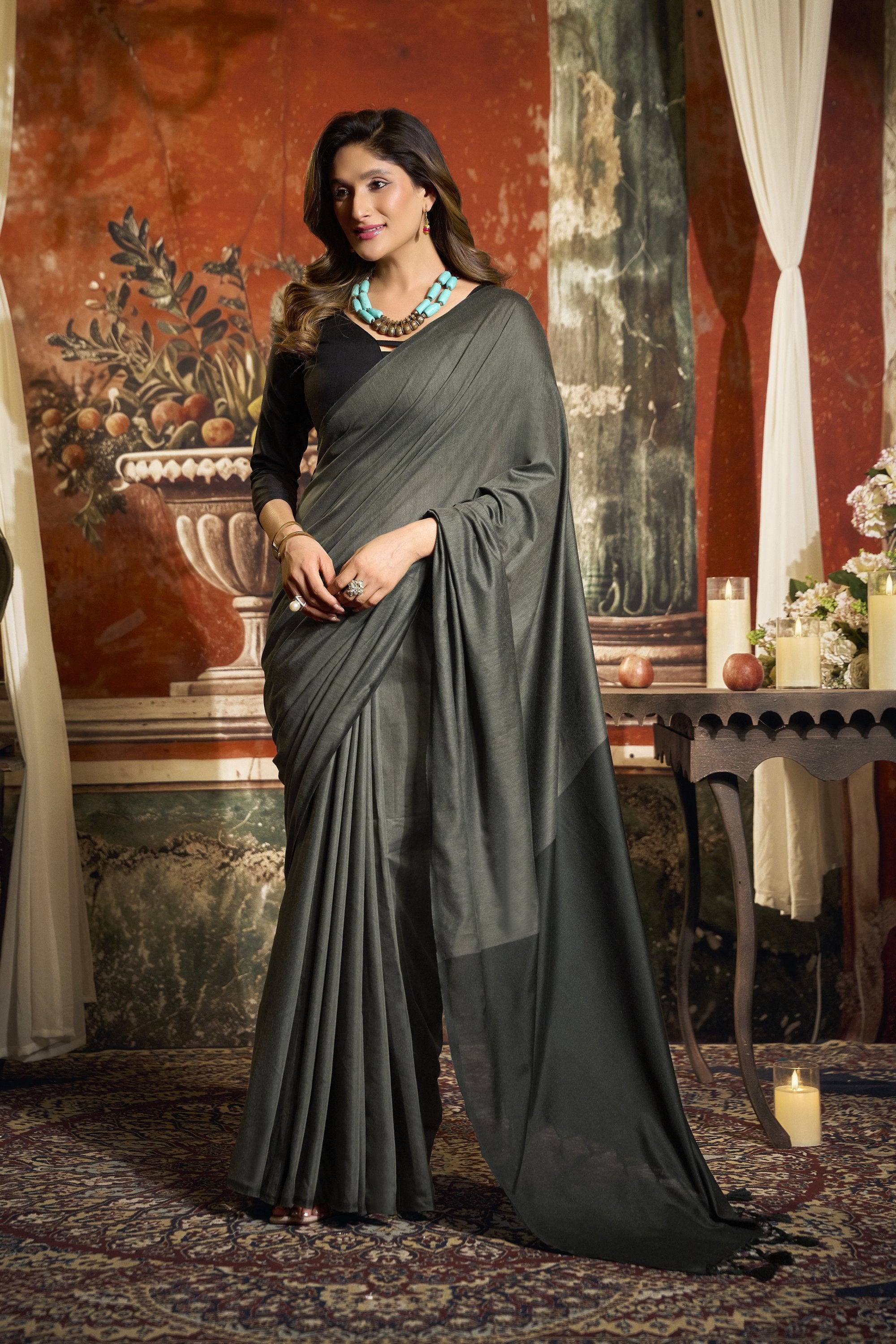 Roshni Saree - Steel Grey - Front Drape