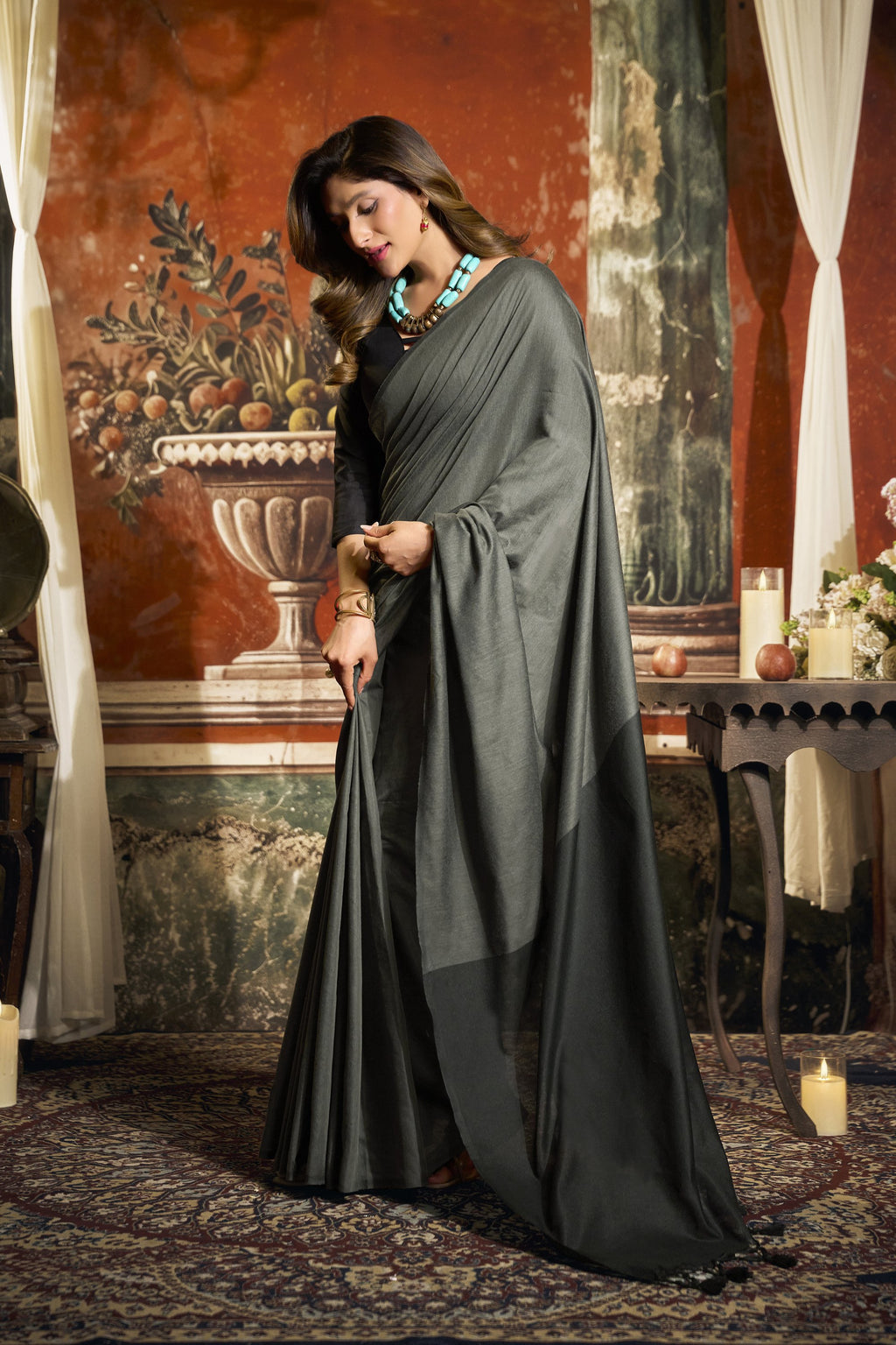 Roshni Saree - Steel Grey - Full View