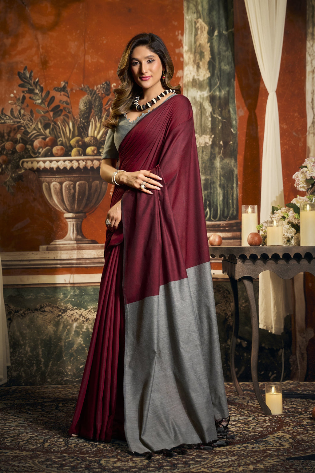 Roshni Saree - Wine Crimson - Full View