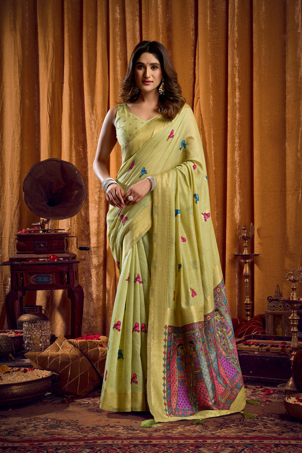 Tanisha Saree - Lime Green - Front Drape