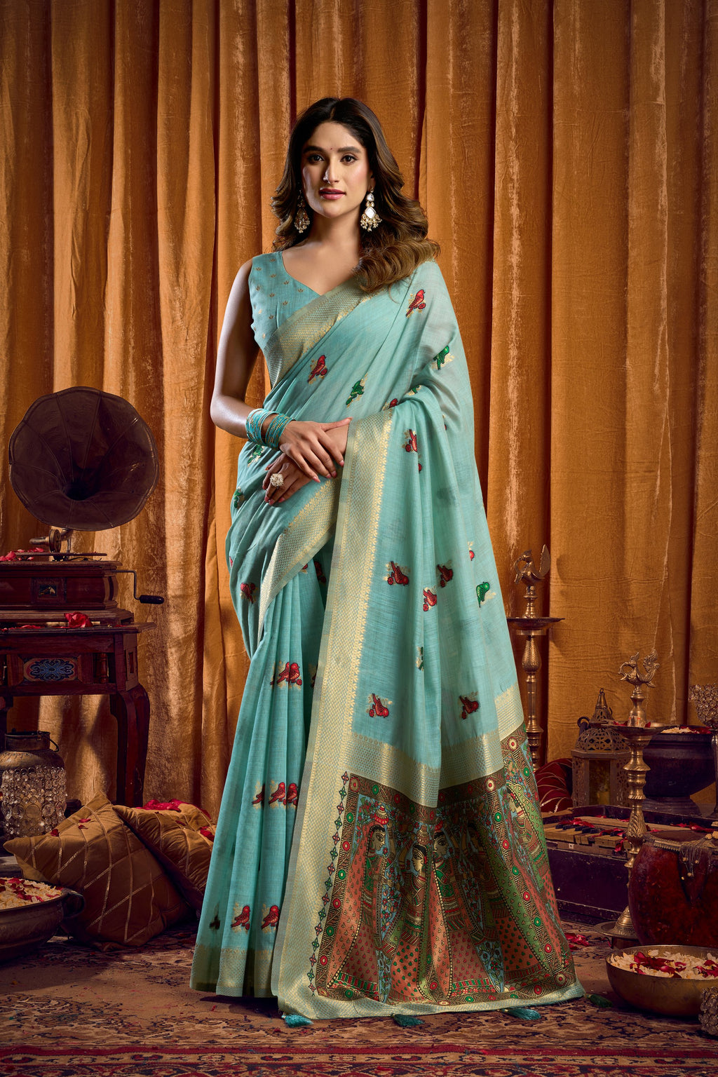 Tanisha Saree - Mint Green - Front Drape