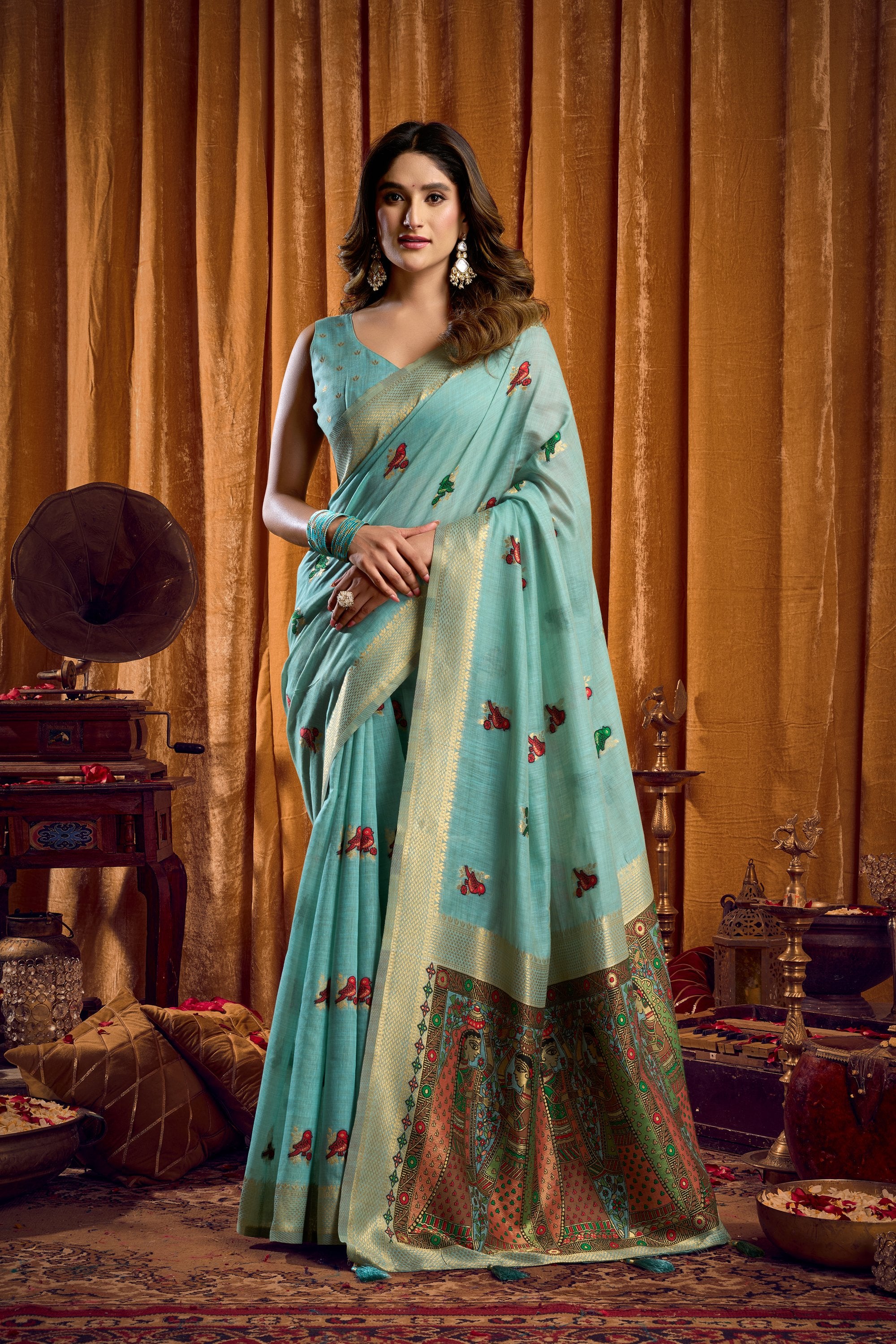 Tanisha Saree - Mint Green - Front Drape
