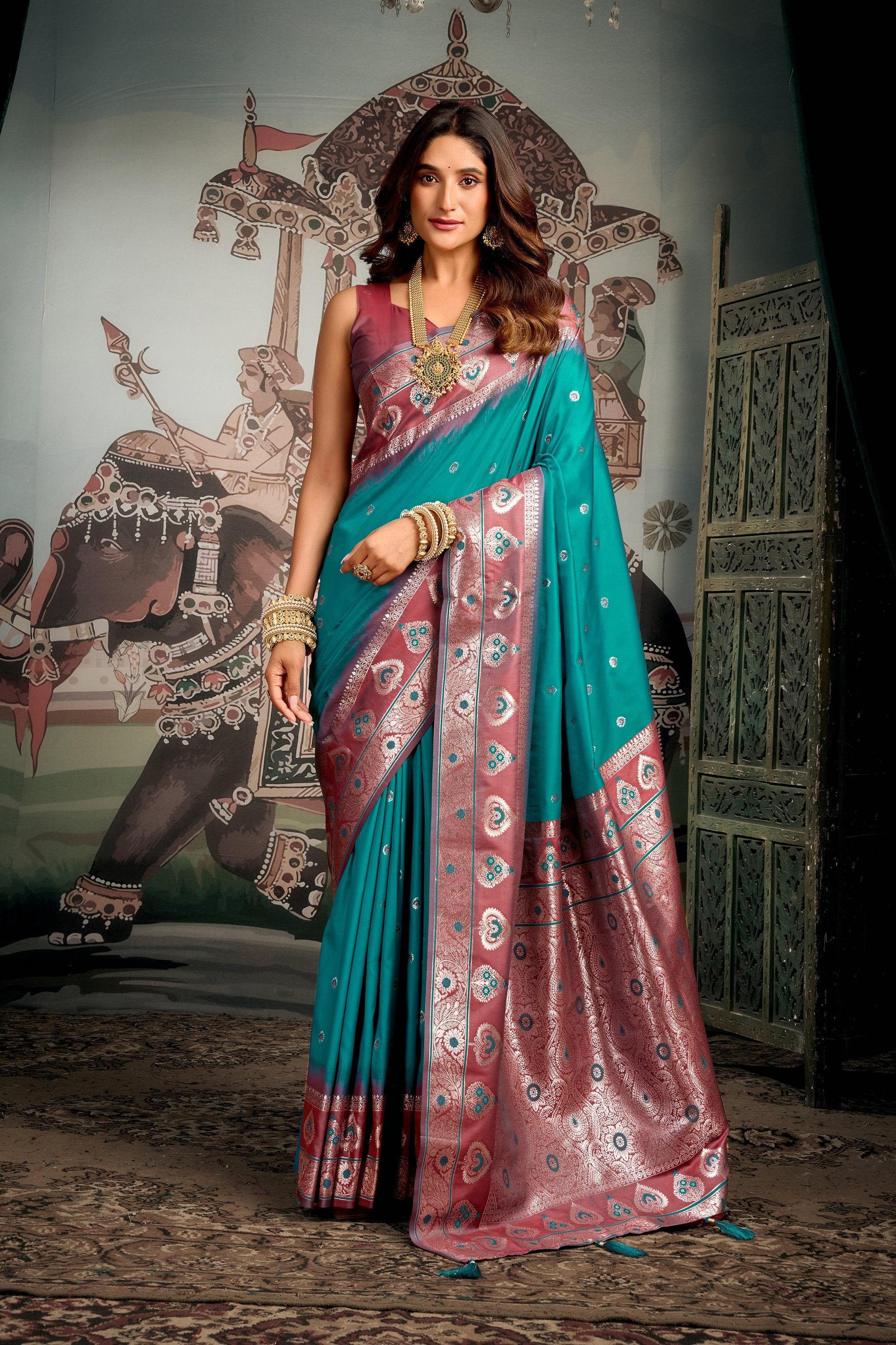 Tarana Saree - Turquoise Teal - Front Drape