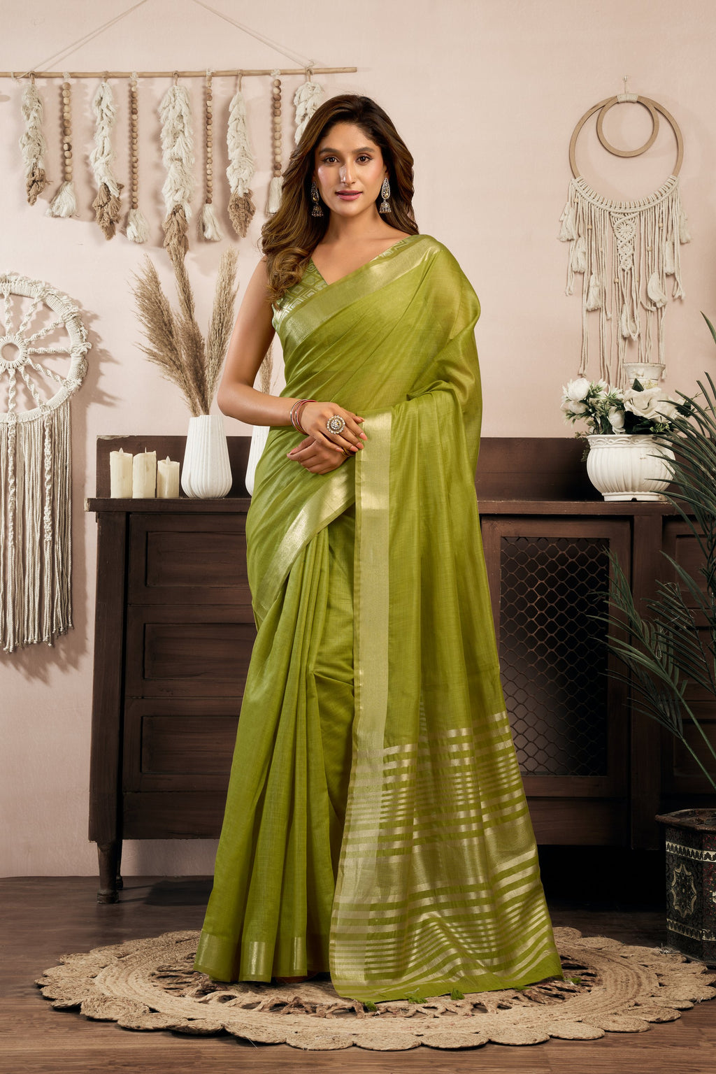 Vaibhavi Saree - Olive Lime - Front Drape