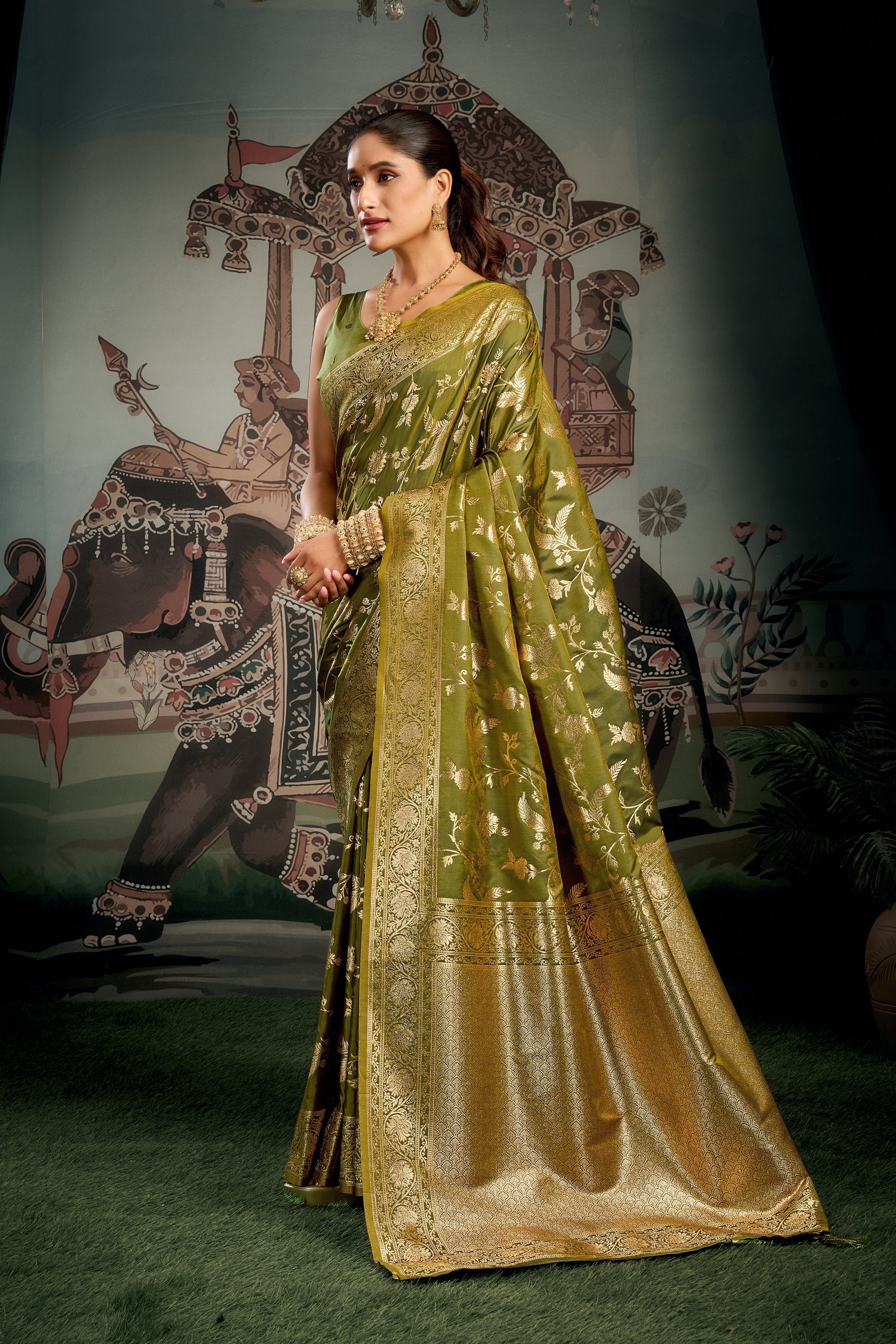 Virasat Saree - Antique Olive - Pallu Detail