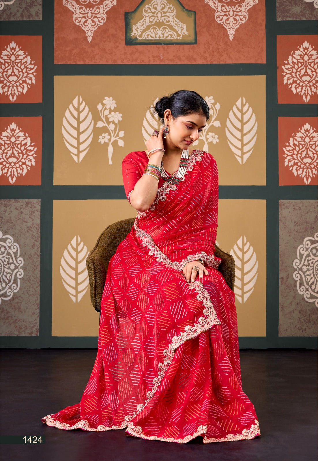 Sparkle Chiffon Saree with Embroidery - Red