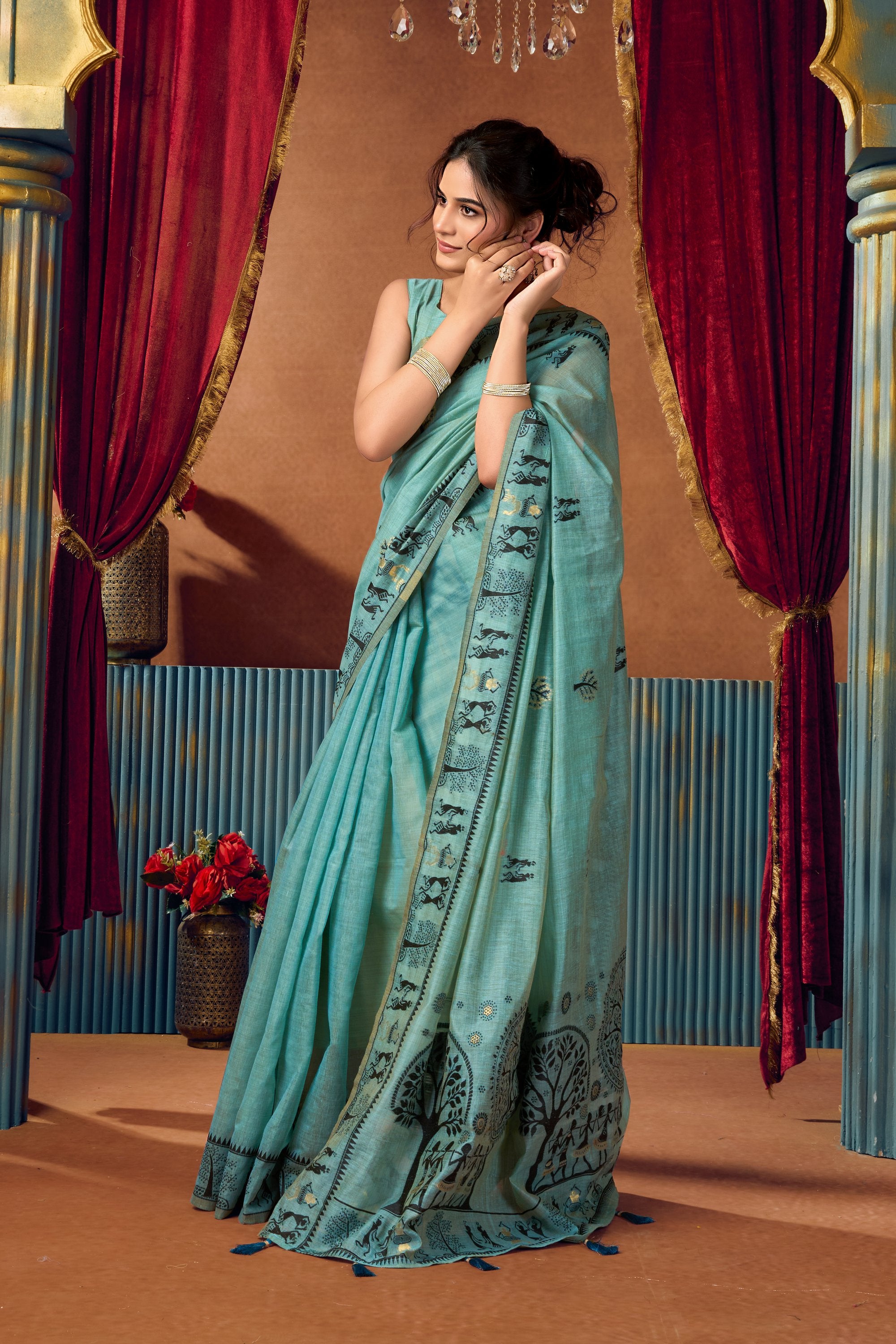 Yamini Saree - Aqua Blue - Front Drape