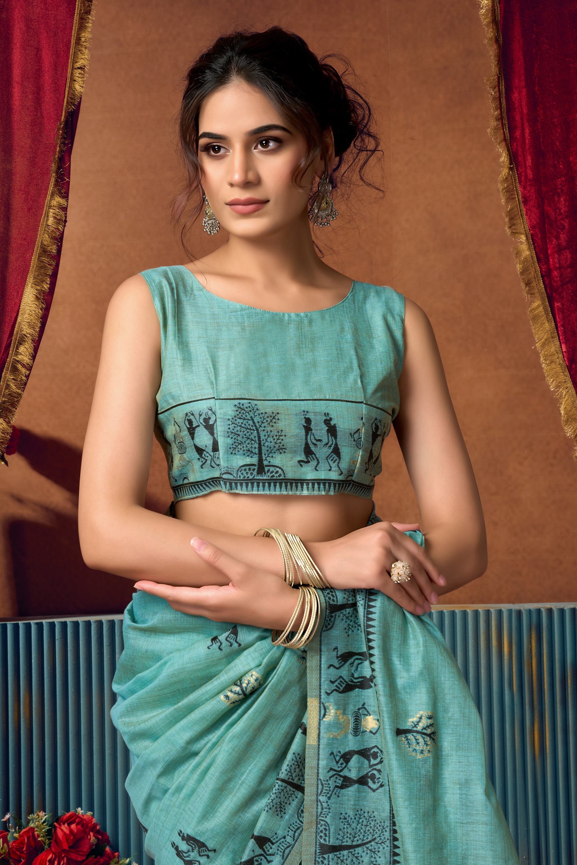 Yamini Saree - Aqua Blue - Close Up