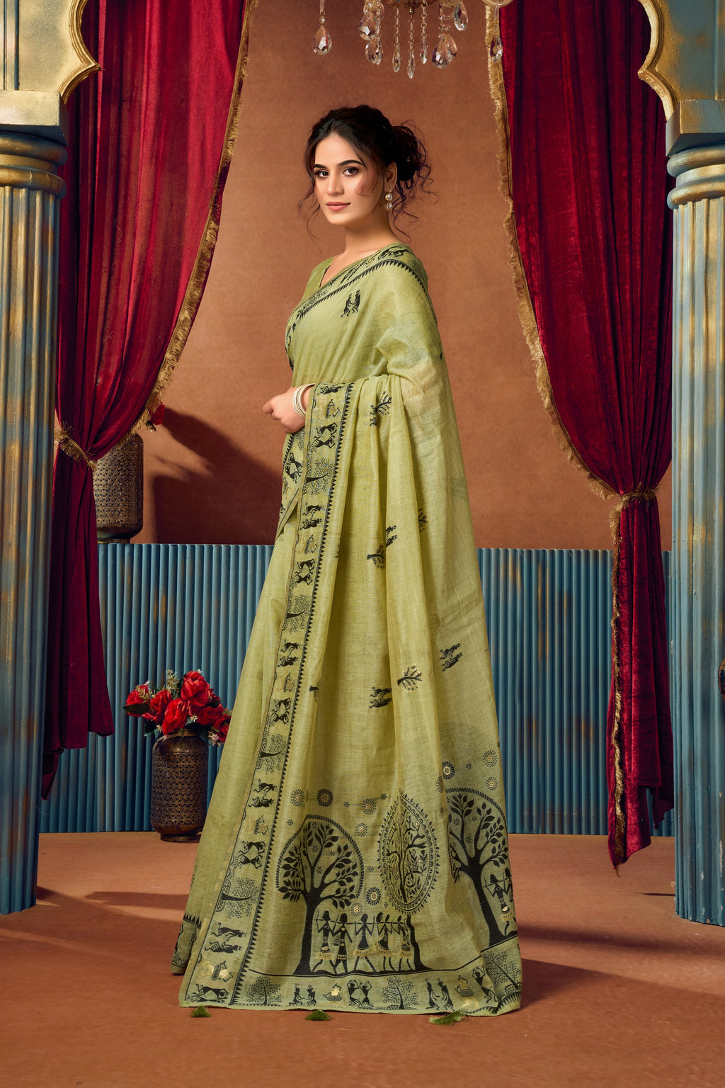 Yamini Saree - Pistachio Olive - Full View