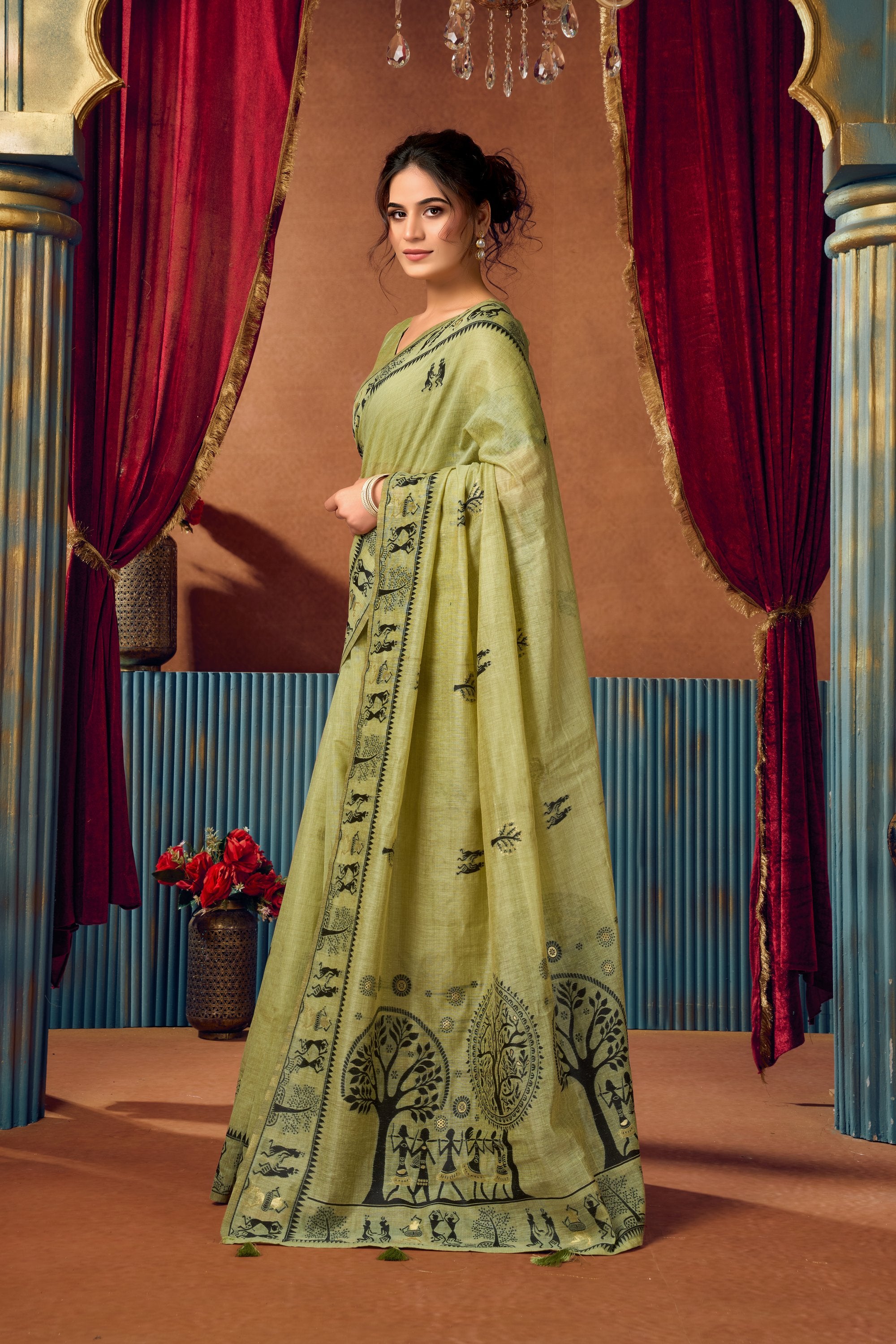 Yamini Saree - Pistachio Olive - Full View