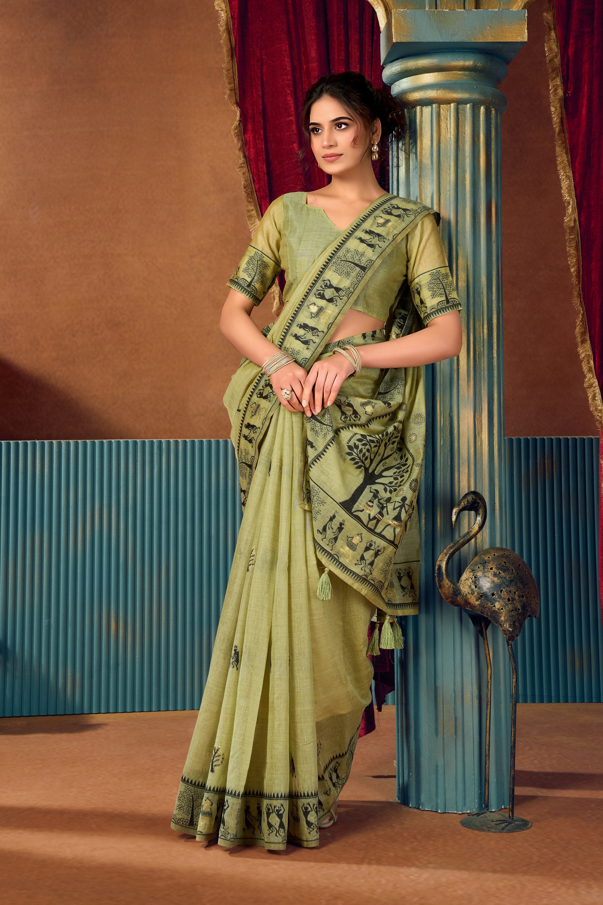 Yamini Saree - Pistachio Olive - Border Detail