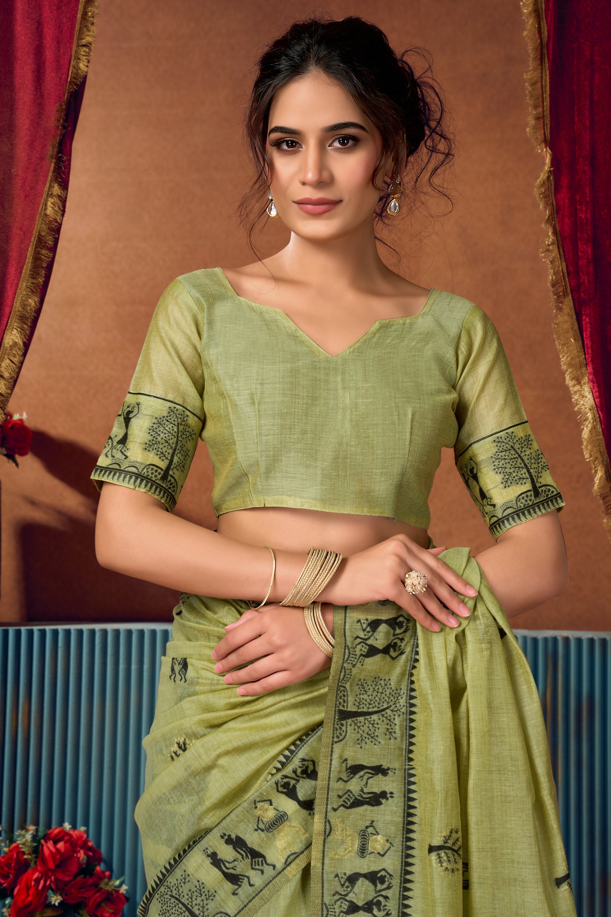 Yamini Saree - Pistachio Olive - Close Up