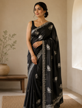 Midnight Rangoli Silk Saree with Silver Zari & Thread Embroidery