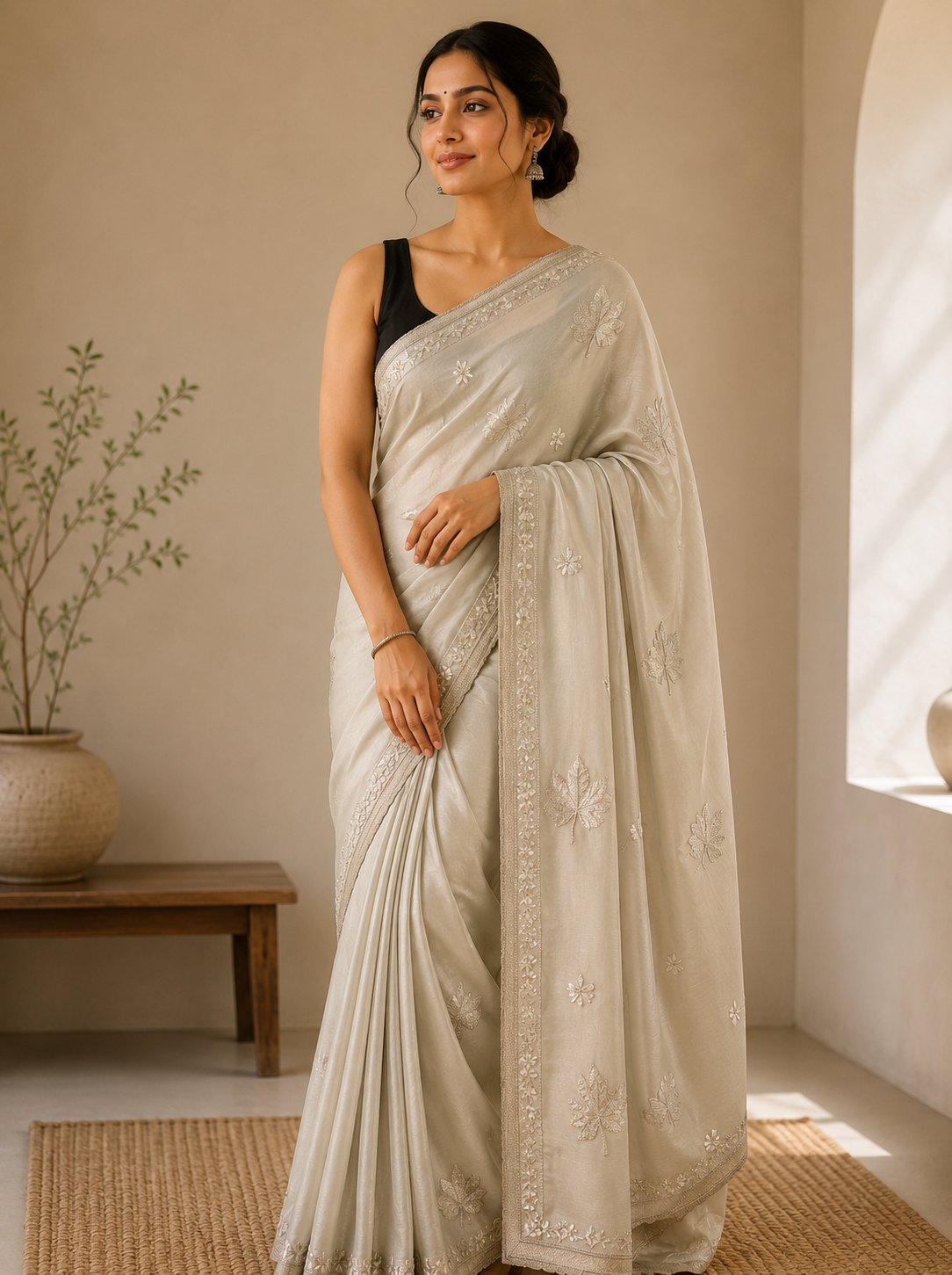Midnight Rangoli Silk Saree with Silver Zari & Thread Embroidery