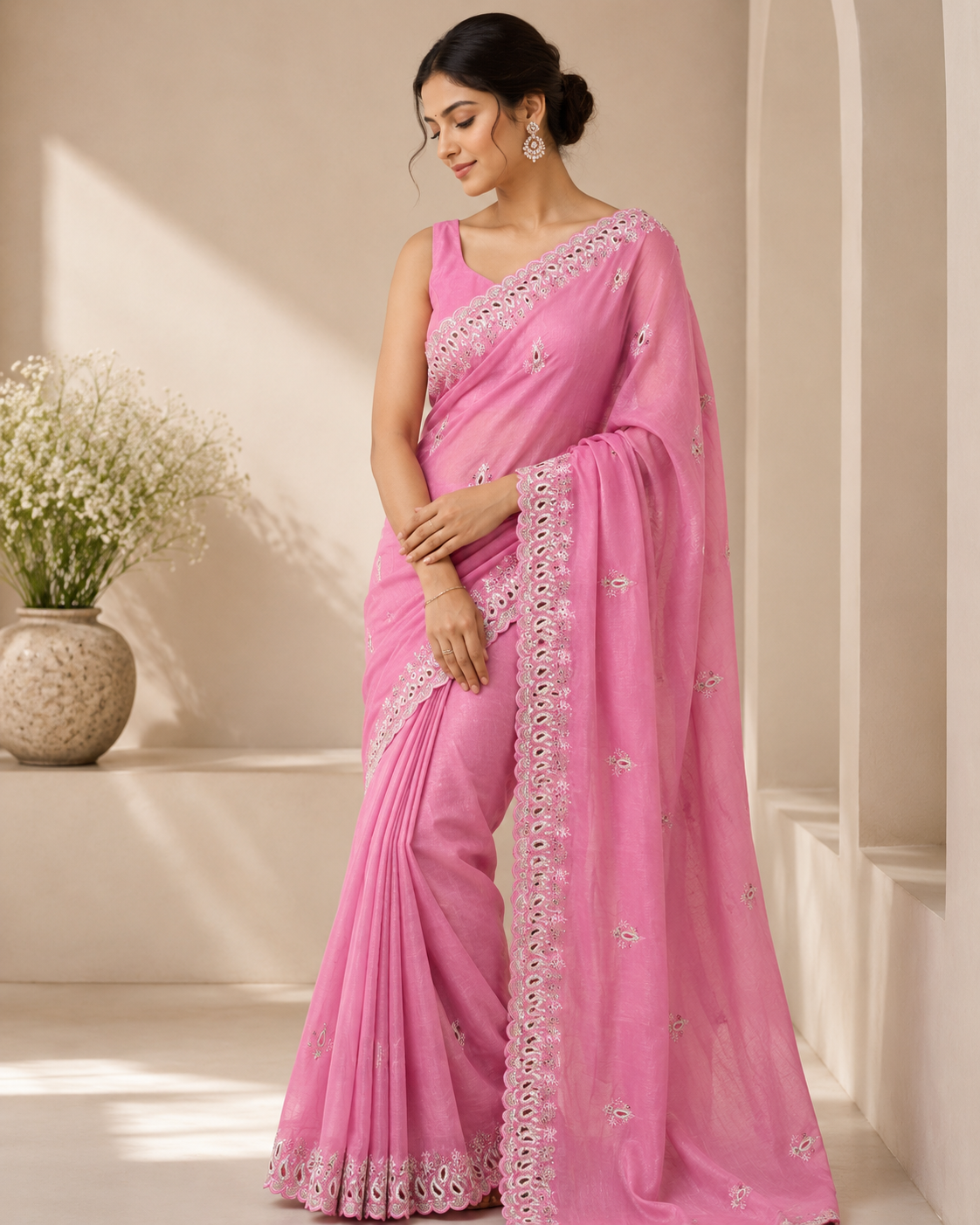Baby Pink Crunchy Silk Paisley Embroidery Saree