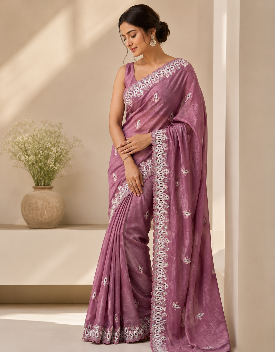 Dusty Rose Crunchy Silk Paisley Embroidery Saree