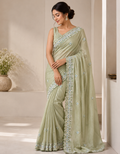 Sage Green Crunchy Silk Paisley Embroidery Saree