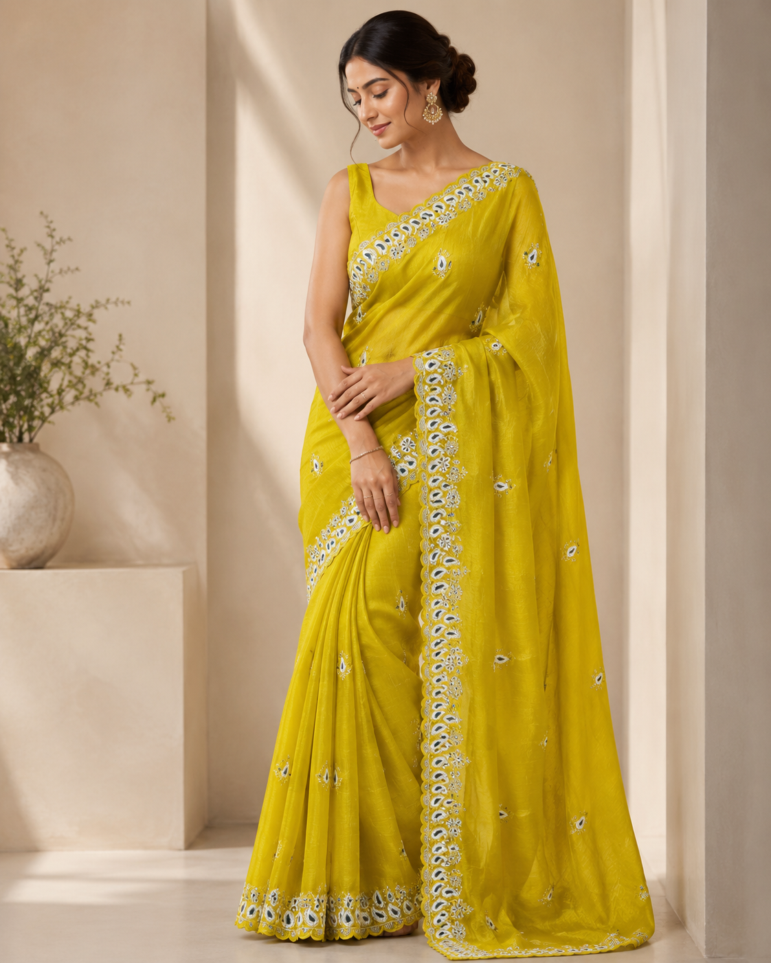 Sunshine Yellow Crunchy Silk Paisley Embroidery Saree