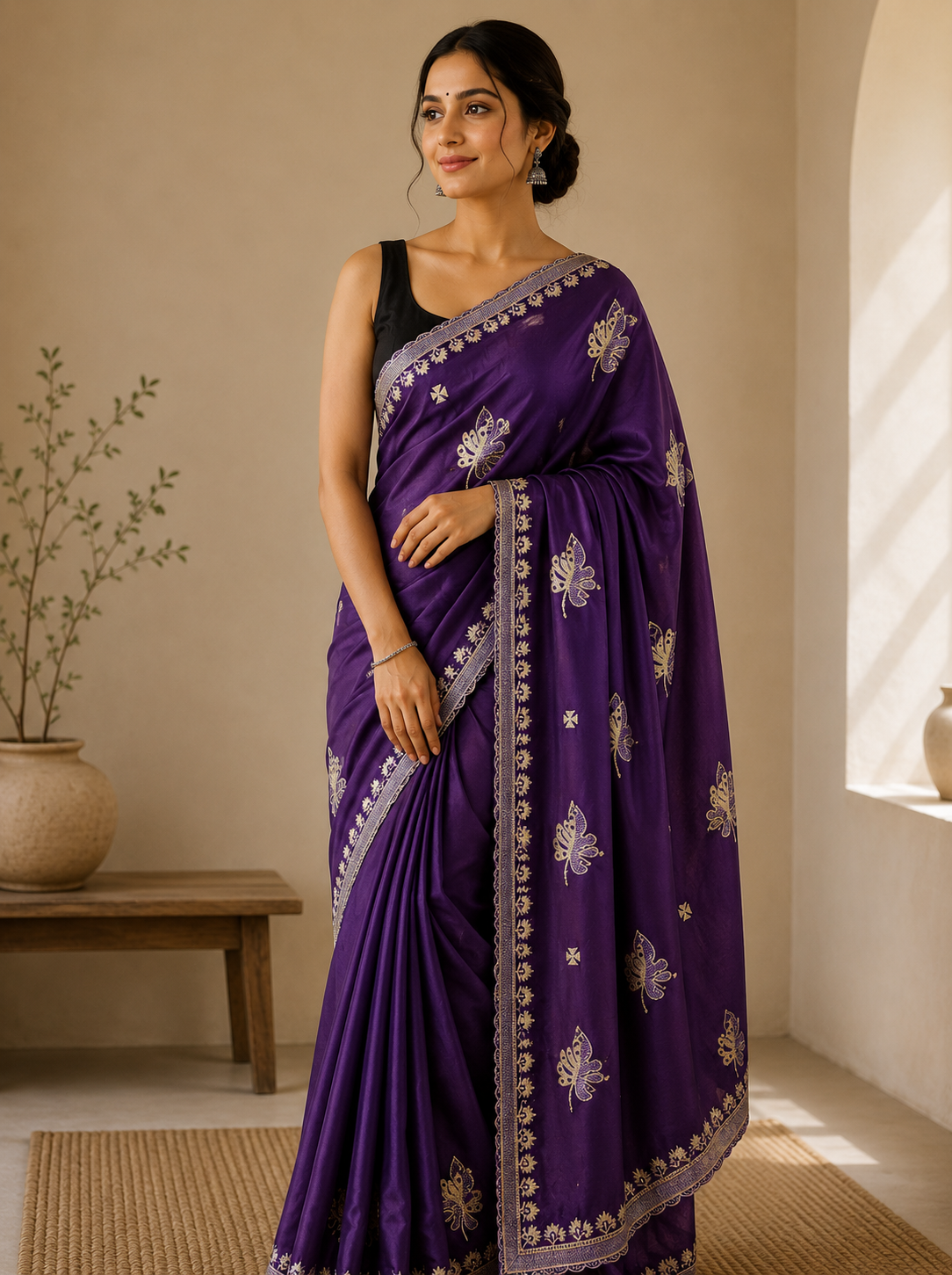 Midnight Rangoli Silk Saree with Silver Zari & Thread Embroidery