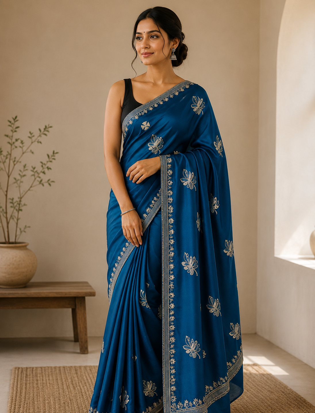 Midnight Rangoli Silk Saree with Silver Zari & Thread Embroidery