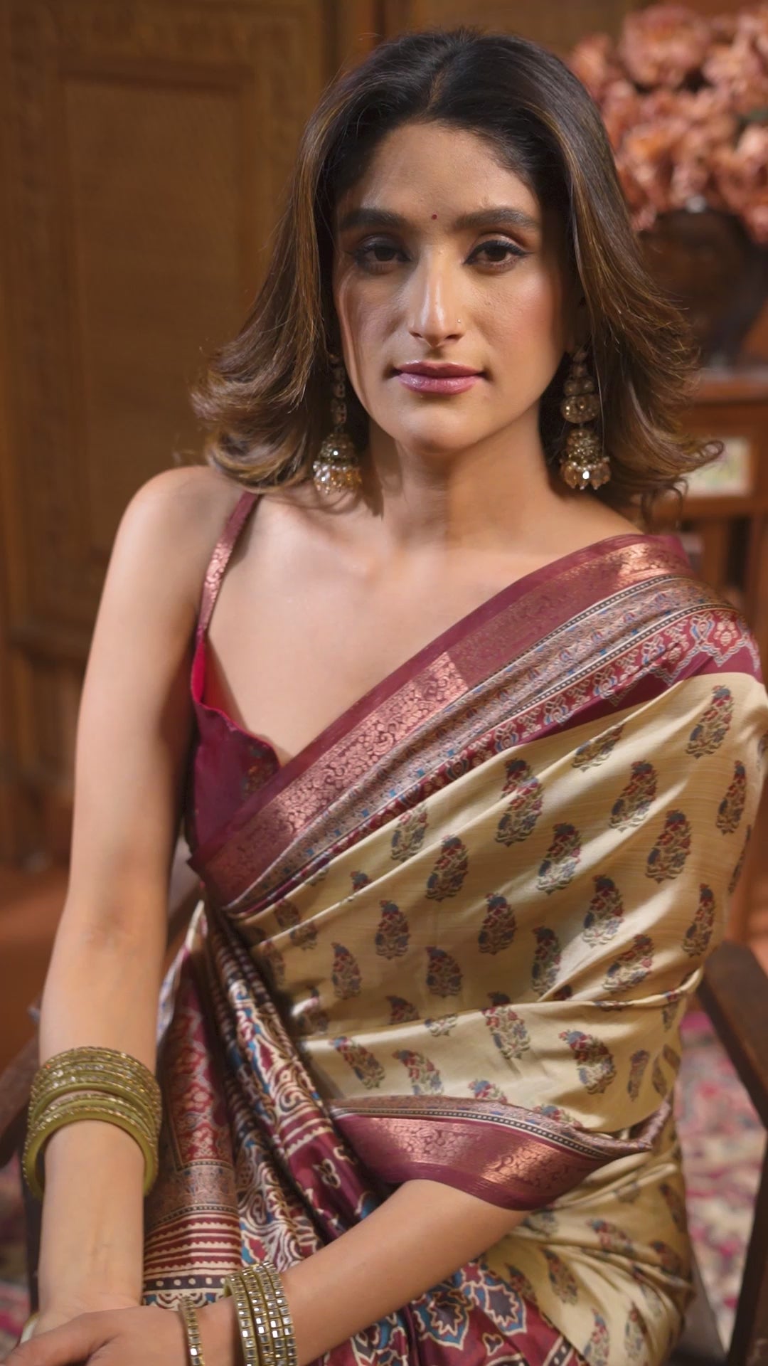Noorani Saree - Cream Plum